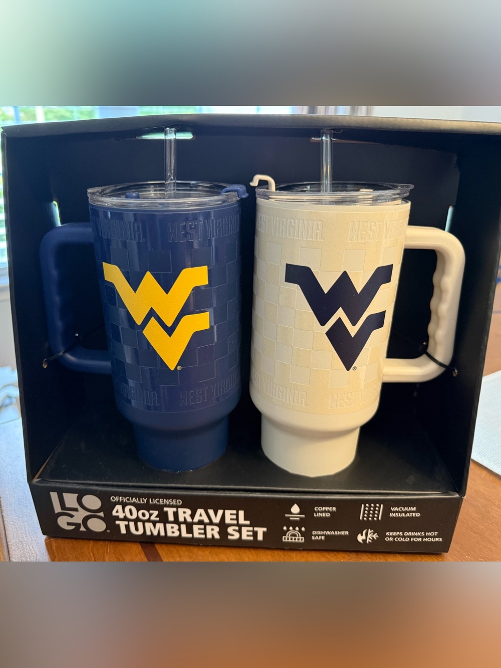 West Virginia Officially Licensed Blue and Cream 40oz Travel Tumbler Set